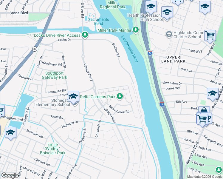 map of restaurants, bars, coffee shops, grocery stores, and more near 1332 Milano Drive in West Sacramento