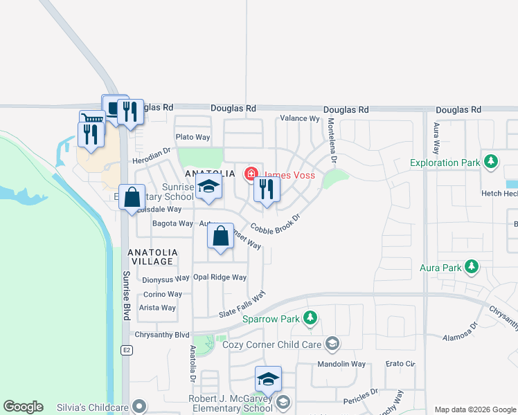 map of restaurants, bars, coffee shops, grocery stores, and more near 4132 Aragon Way in Rancho Cordova