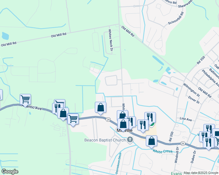 map of restaurants, bars, coffee shops, grocery stores, and more near 36001 Squirrel Run Circle in Ocean View