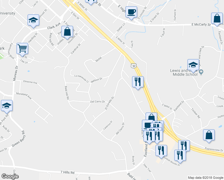 map of restaurants, bars, coffee shops, grocery stores, and more near 810 El Dorado Drive in Jefferson City