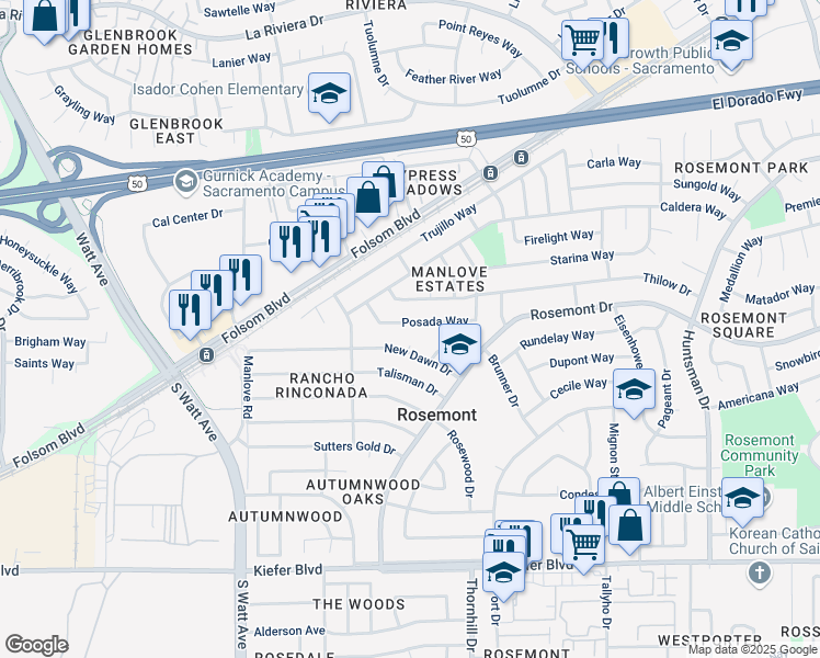 map of restaurants, bars, coffee shops, grocery stores, and more near 9040 Posada Way in Sacramento