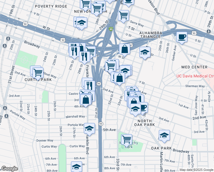 map of restaurants, bars, coffee shops, grocery stores, and more near 2635 Alhambra Boulevard in Sacramento