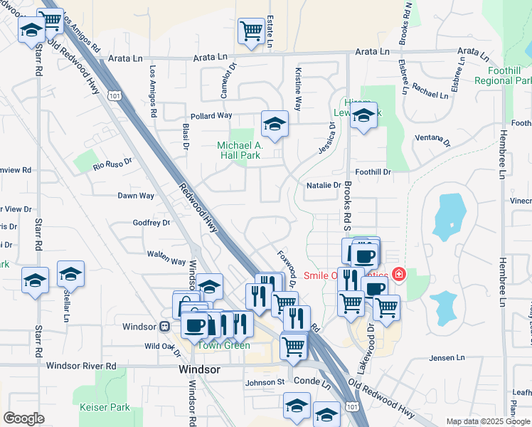 map of restaurants, bars, coffee shops, grocery stores, and more near 9454 Lazy Creek Drive in Windsor