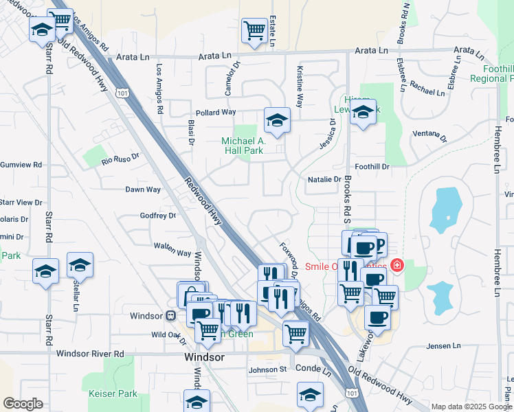 map of restaurants, bars, coffee shops, grocery stores, and more near 9454 Lazy Creek Drive in Windsor