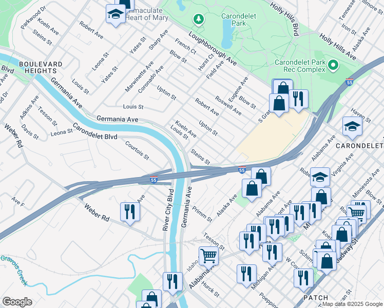 map of restaurants, bars, coffee shops, grocery stores, and more near 3662 Steins Street in St. Louis