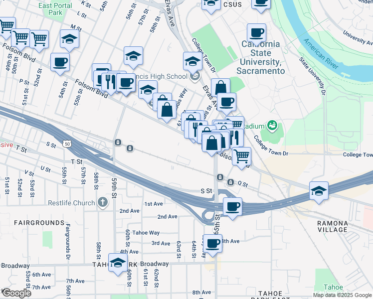map of restaurants, bars, coffee shops, grocery stores, and more near 6200 Folsom Blvd in Sacramento