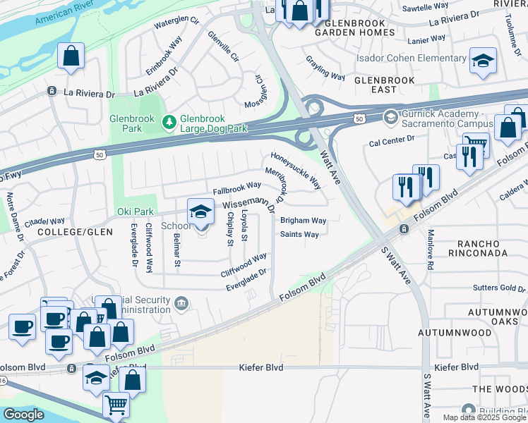 map of restaurants, bars, coffee shops, grocery stores, and more near 8701 Brigham Way in Sacramento