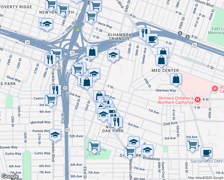 map of restaurants, bars, coffee shops, grocery stores, and more near 3500 Y Street in Sacramento