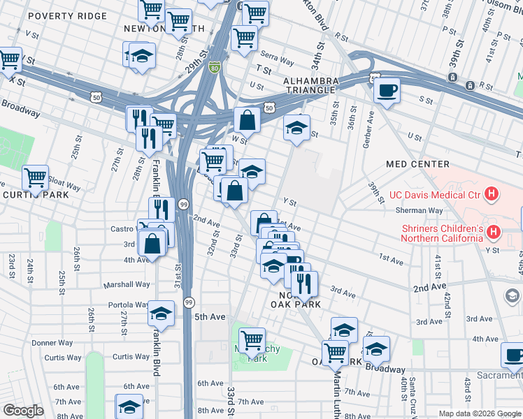 map of restaurants, bars, coffee shops, grocery stores, and more near 3309 1st Avenue in Sacramento