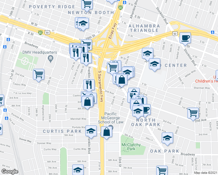 map of restaurants, bars, coffee shops, grocery stores, and more near 2635 Alhambra Boulevard in Sacramento