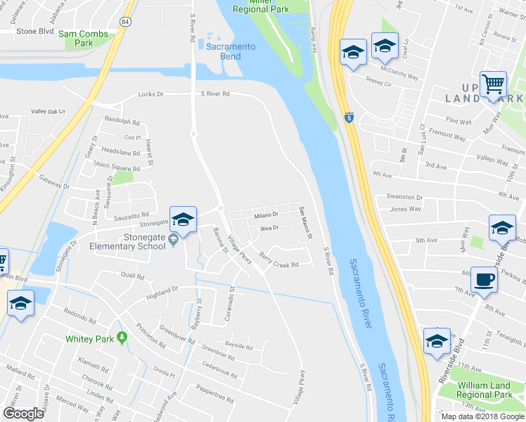 map of restaurants, bars, coffee shops, grocery stores, and more near 1348 Milano Drive in West Sacramento