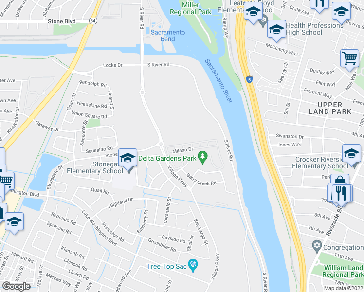 map of restaurants, bars, coffee shops, grocery stores, and more near 1348 Milano Drive in West Sacramento