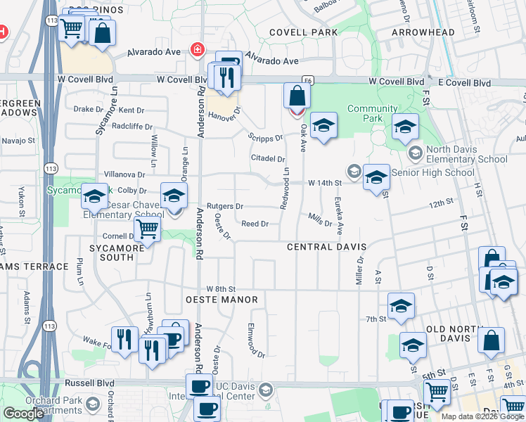 map of restaurants, bars, coffee shops, grocery stores, and more near 534 Rutgers Drive in Davis