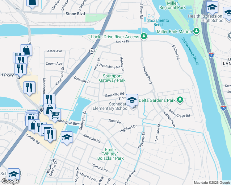 map of restaurants, bars, coffee shops, grocery stores, and more near 1646 Sausalito Road in West Sacramento