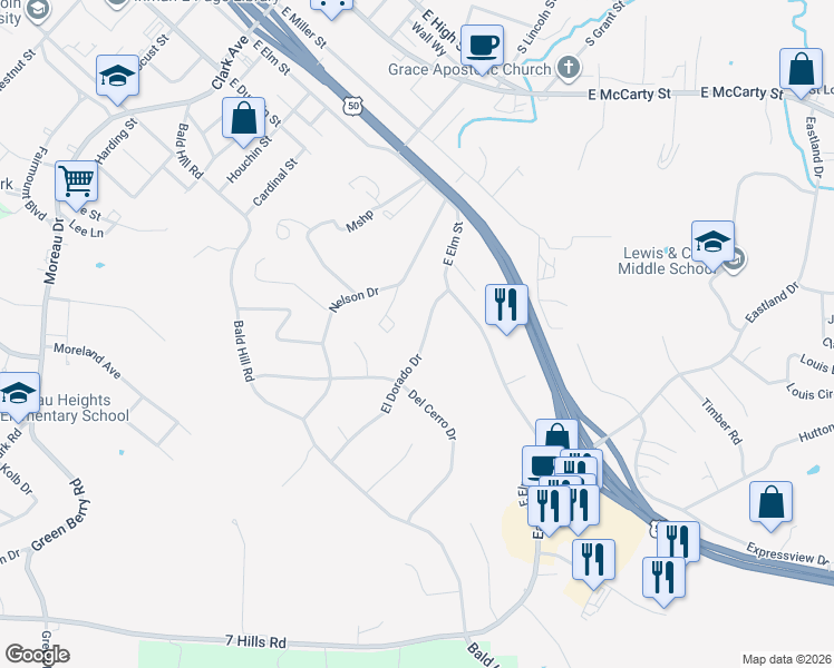 map of restaurants, bars, coffee shops, grocery stores, and more near 810 El Dorado Dr in Jefferson City