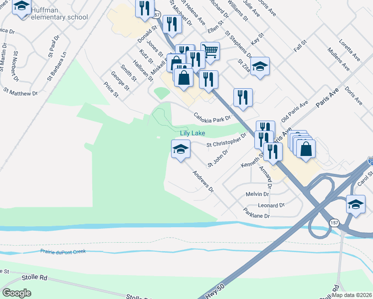 map of restaurants, bars, coffee shops, grocery stores, and more near 262 Saint Christopher Drive in Cahokia