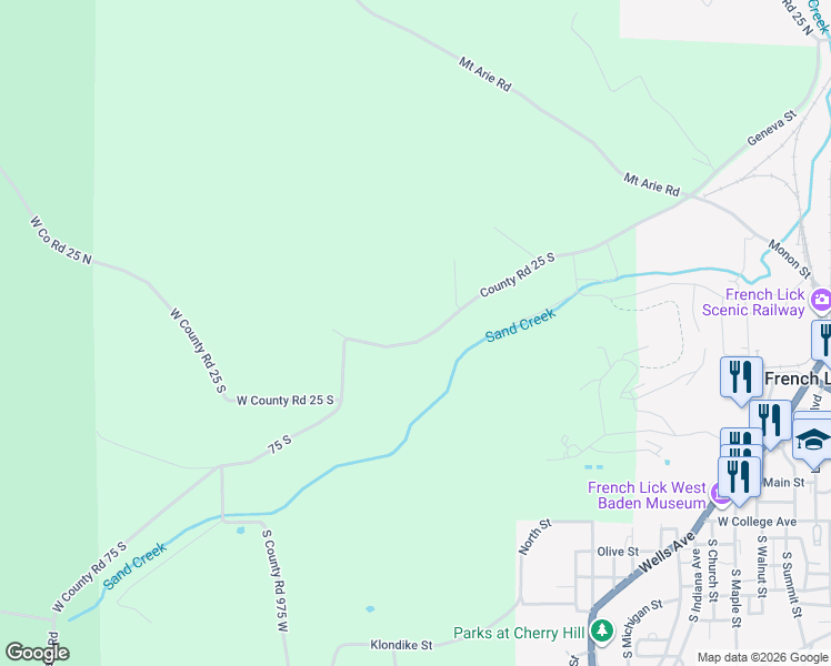 map of restaurants, bars, coffee shops, grocery stores, and more near 9284 County Road 25 South in French Lick