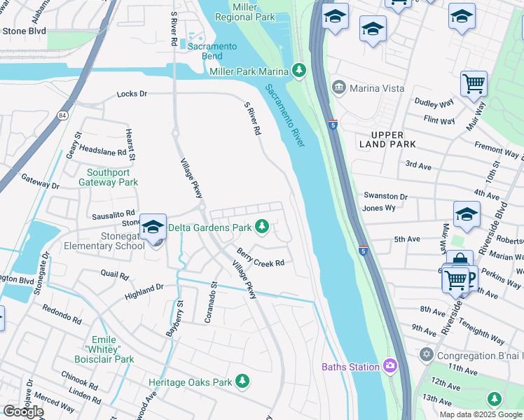 map of restaurants, bars, coffee shops, grocery stores, and more near 1284 Milano Drive in West Sacramento