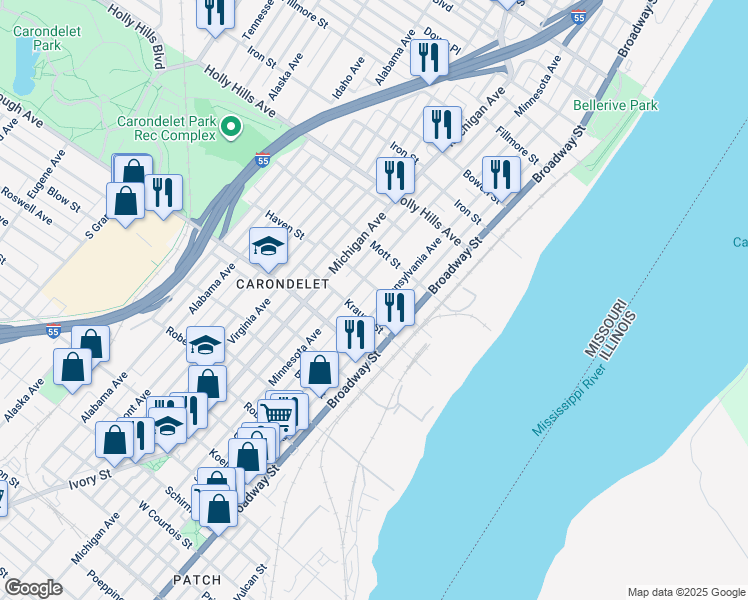 map of restaurants, bars, coffee shops, grocery stores, and more near 6709 Pennsylvania Avenue in St. Louis