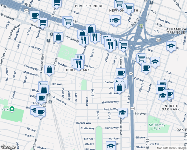 map of restaurants, bars, coffee shops, grocery stores, and more near 2nd Avenue & 26th Street in Sacramento