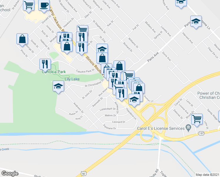 map of restaurants, bars, coffee shops, grocery stores, and more near 1517 Camp Jackson Road in Cahokia