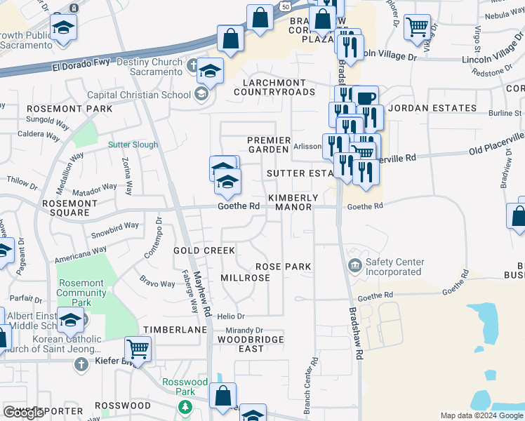 map of restaurants, bars, coffee shops, grocery stores, and more near 3600 Pullman Drive in Sacramento