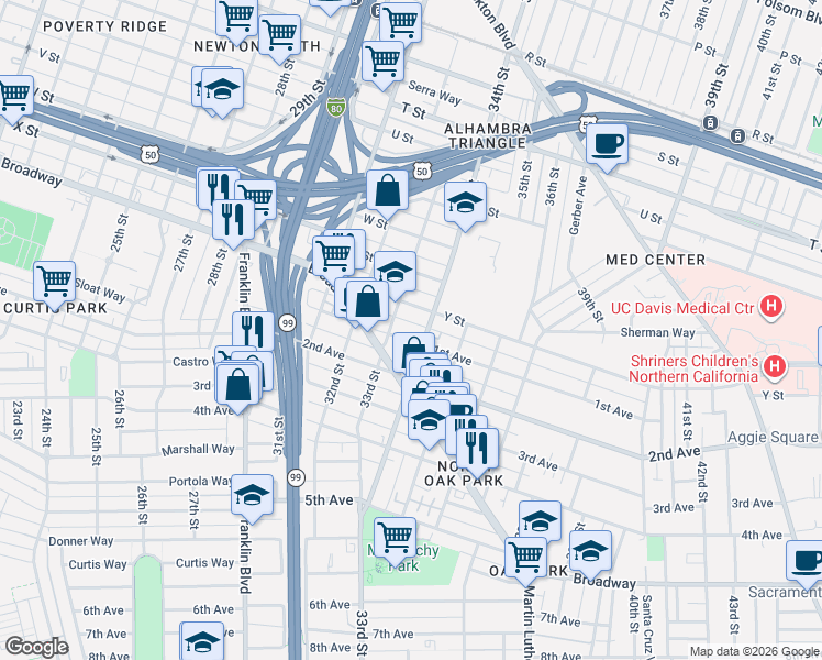 map of restaurants, bars, coffee shops, grocery stores, and more near 3309 1st Avenue in Sacramento