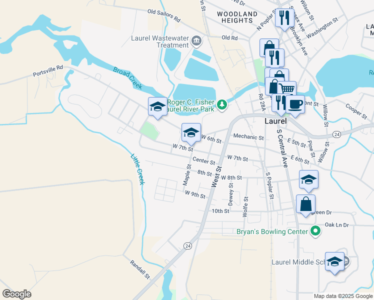 map of restaurants, bars, coffee shops, grocery stores, and more near 504 West 7th Street in Laurel