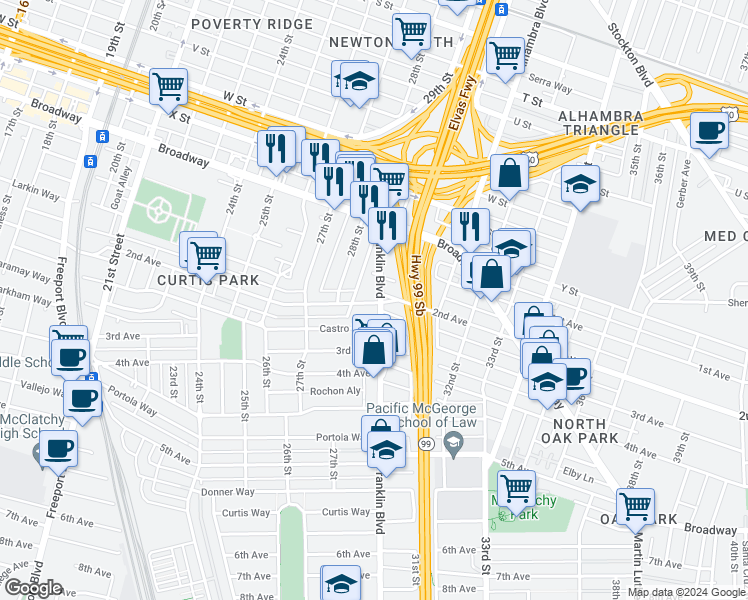 map of restaurants, bars, coffee shops, grocery stores, and more near 2686 Franklin Boulevard in Sacramento