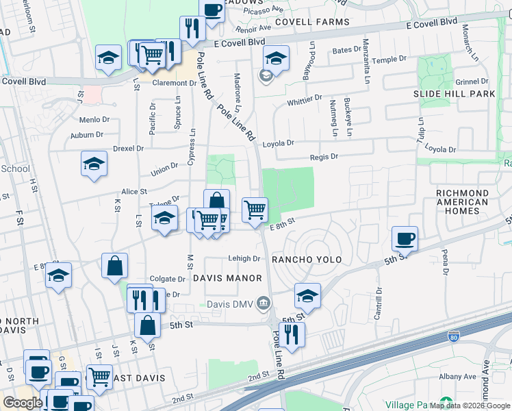 map of restaurants, bars, coffee shops, grocery stores, and more near 914 Snyder Drive in Davis