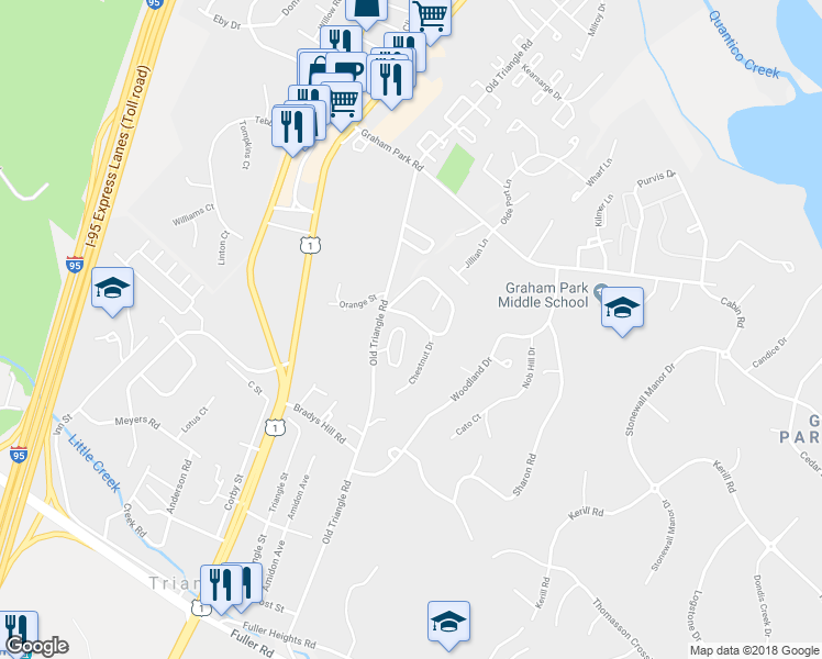 map of restaurants, bars, coffee shops, grocery stores, and more near 3905 Oakdale Circle in Triangle