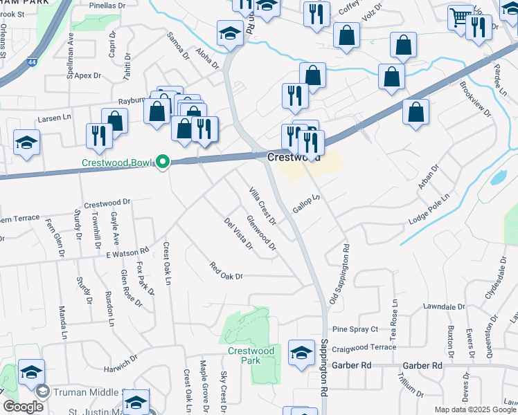 map of restaurants, bars, coffee shops, grocery stores, and more near 8705 Villa Crest Drive in St. Louis