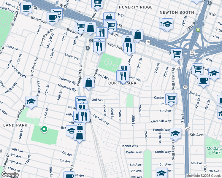 map of restaurants, bars, coffee shops, grocery stores, and more near 2276 Markham Way in Sacramento
