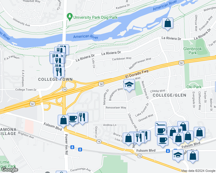 map of restaurants, bars, coffee shops, grocery stores, and more near 2636 Marquette Drive in Sacramento