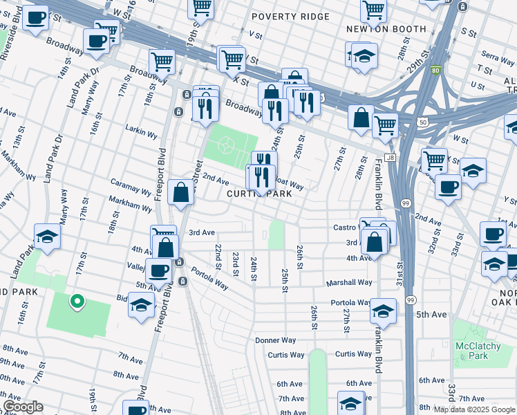 map of restaurants, bars, coffee shops, grocery stores, and more near in Sacramento