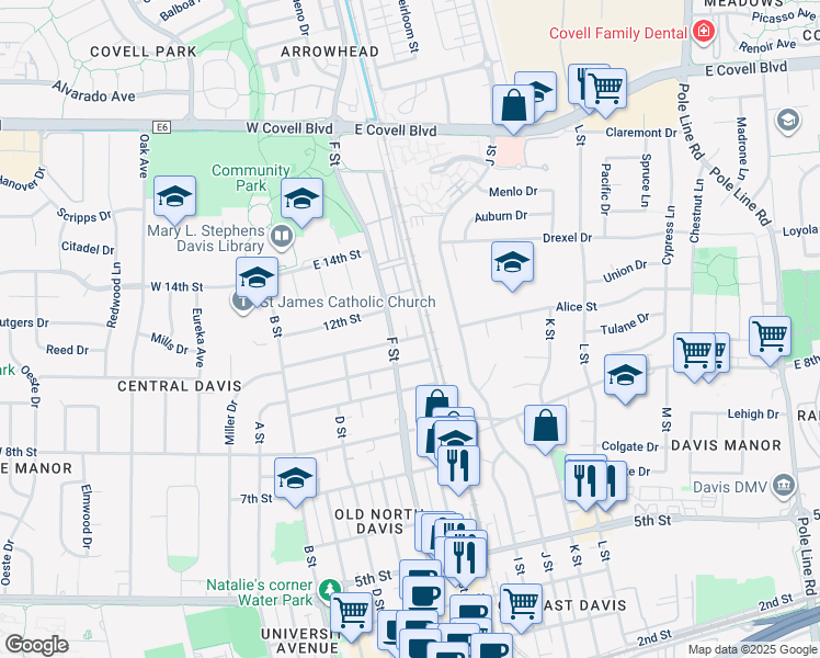 map of restaurants, bars, coffee shops, grocery stores, and more near 805 11th Street in Davis