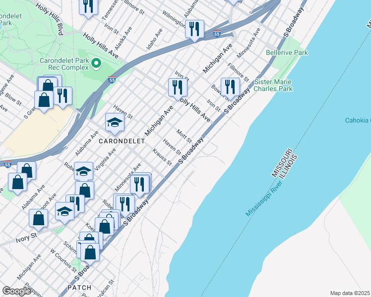 map of restaurants, bars, coffee shops, grocery stores, and more near 6621 South Broadway in St. Louis