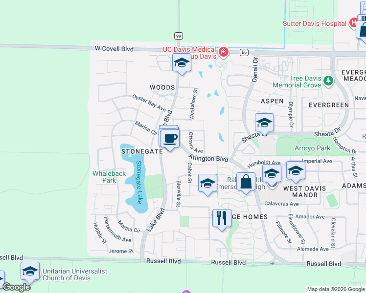 map of restaurants, bars, coffee shops, grocery stores, and more near 1333 Arlington Boulevard in Davis