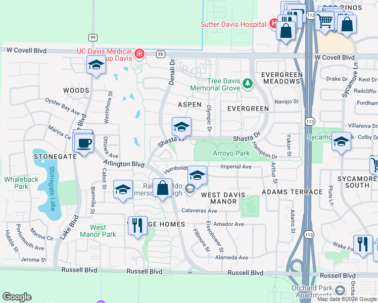 map of restaurants, bars, coffee shops, grocery stores, and more near 2222 Shasta Drive in Davis