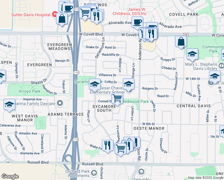 map of restaurants, bars, coffee shops, grocery stores, and more near 1215 Pine Lane in Davis