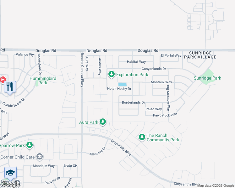 map of restaurants, bars, coffee shops, grocery stores, and more near 12205 Conservancy Way in Rancho Cordova