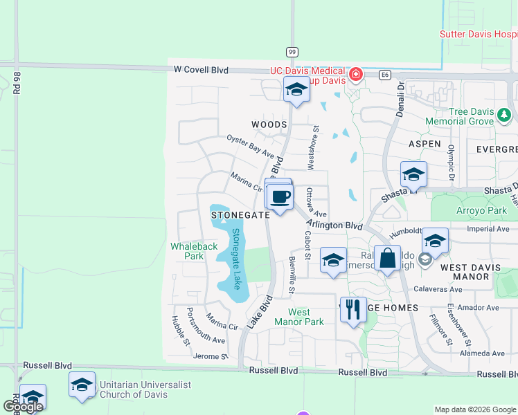 map of restaurants, bars, coffee shops, grocery stores, and more near 1303 Lake Boulevard in Davis