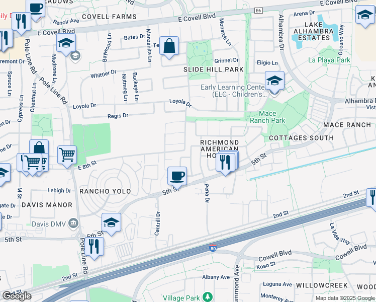 map of restaurants, bars, coffee shops, grocery stores, and more near 915 La Coruno Street in Davis