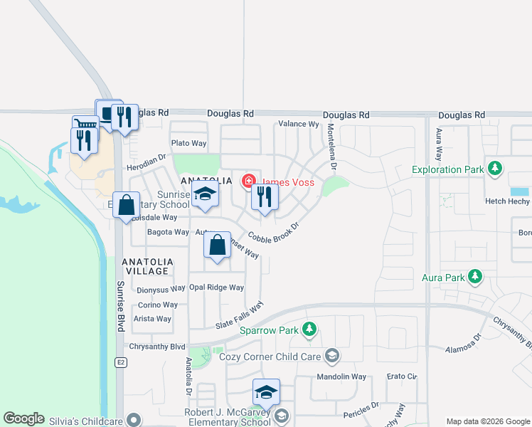 map of restaurants, bars, coffee shops, grocery stores, and more near 4132 Aragon Way in Rancho Cordova
