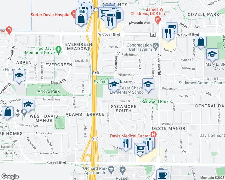 map of restaurants, bars, coffee shops, grocery stores, and more near 1207 Sycamore Lane in Davis