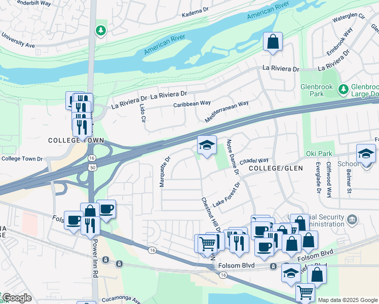 map of restaurants, bars, coffee shops, grocery stores, and more near 2600 Chestnut Hill Drive in Sacramento