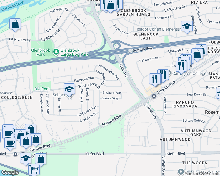 map of restaurants, bars, coffee shops, grocery stores, and more near 8820 Garden Glen Way in Sacramento