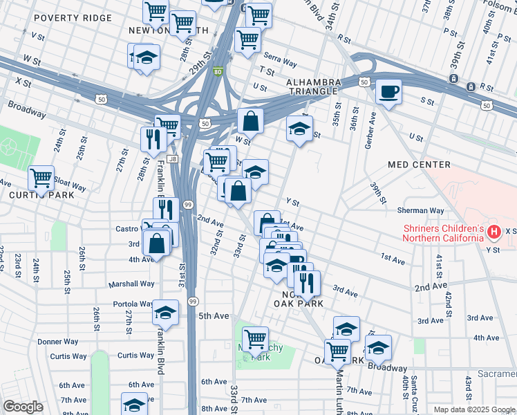 map of restaurants, bars, coffee shops, grocery stores, and more near 3309 1st Avenue in Sacramento