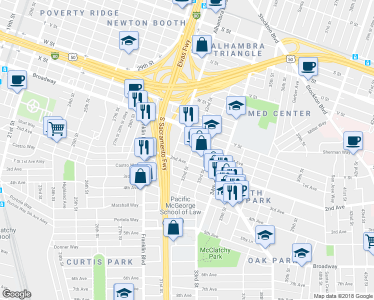 map of restaurants, bars, coffee shops, grocery stores, and more near 2605 32nd Street in Sacramento
