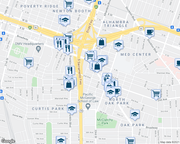 map of restaurants, bars, coffee shops, grocery stores, and more near 2635 Alhambra Boulevard in Sacramento